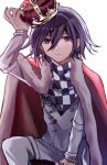  1boy arm_up bangs black_hair buttons caeser_(caeser1112) checkered_clothes checkered_scarf crown danganronpa_(series) danganronpa_v3:_killing_harmony double-breasted feet_out_of_frame frown hair_between_eyes highres holding holding_crown jacket long_sleeves looking_at_viewer male_focus ouma_kokichi purple_eyes purple_hair royal_robe scarf short_hair simple_background solo white_background 
