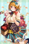 1girl apple arm_garter basket blue_background blue_hairband blue_skirt blush bow breasts brown_hair food fruit hair_bow hairband highres holding holding_basket koizumi_hanayo looking_at_viewer love_live! love_live!_school_idol_project medium_breasts nakano_maru purple_eyes short_hair skirt smile solo striped striped_bow vertical_stripes 