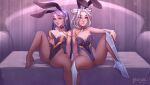  2girls alternate_costume animal_ears ass bangs bare_arms bare_shoulders black_choker black_leotard blue_eyes breasts brown_pantyhose camille_(league_of_legends) choker cleavage collarbone couch fake_animal_ears foot_out_of_frame grey_hair highres irelia knee_up large_breasts league_of_legends legs_apart leotard long_hair medium_breasts medium_hair multiple_girls pantyhose rabbit_ears shiny shiny_hair sitting starli_(starlianechan) strapless strapless_leotard 