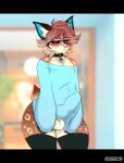  anthro black_sclera blue_eyes blush bottomless cervid chococosalo clothed clothing cock_outline collar erection felid feline legwear male mammal scut_tail shirt shirt_only short_tail solo solo_focus taiga_aster thigh_highs topwear topwear_only 