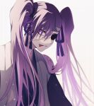  1girl bangs bleach bleach:_the_thousand-year_blood_war eyepatch hair_between_eyes highres japanese_clothes long_hair long_sleeves looking_at_viewer purple_eyes purple_hair saitou_furoufushi shinigami simple_background smile solo sumire_1046 tongue tongue_out twintails white_background 
