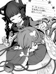  3girls absurdres akimaki_yuu animal_ear_fluff animal_ears bangs blanket blouse blunt_bangs blush bow braid cat_ears chair closed_eyes commentary covered_mouth covering_with_blanket crossed_arms cuffs dress facing_another frilled_sleeves frills greyscale hair_between_eyes hair_bow hair_ornament heart heart_hair_ornament highres holding holding_blanket kaenbyou_rin komeiji_satori long_sleeves medium_hair miyadeguchi_mizuchi monochrome multiple_girls on_chair one_eye_covered open_mouth photo_(object) ponytail prison_clothes second-party_source shackles shirt short_hair sleeping sweatdrop table third_eye touhou translated twin_braids wide_sleeves 