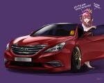  1girl :d aru_(blue_archive) bangs blue_archive blunt_bangs bow bowtie brown_eyes car commentary demon_girl demon_horns english_commentary ground_vehicle halo highres horns hyundai hyundai_sonata korean_text long_hair looking_at_viewer motor_vehicle nougat_(73r1r1) purple_background red_hair school_uniform short_sleeves sidelocks simple_background smile solo traffic_ticket 