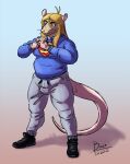  2022 anthro boo3 bulge clothing colored_sketch gynomorph hair hi_res hoodie intersex jj_(boo3) long_hair mammal murid murine nonbinary_(lore) rat rodent sketch slightly_chubby solo superman_logo sweatpants topwear 