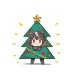  1girl alternate_costume animal_ears brown_hair chibi christmas_tree christmas_tree_costume closed_mouth crossed_arms earrings full_body highres horse_ears horse_girl jewelry kusanagi_kaoru long_hair multicolored_hair purple_eyes simple_background single_earring smile solo streaked_hair symboli_rudolf_(umamusume) umamusume white_background 