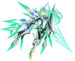  1girl aegis_sword_(xenoblade) armored_boots armored_leotard bangs boots breasts circlet closed_mouth elbow_gloves gloves green_eyes green_hair high_heels holding holding_sword holding_weapon large_breasts pneuma_(xenoblade) ponytail shirt simple_background solo spoilers swept_bangs sword tim_(a9243190a) weapon white_background white_gloves white_shirt xenoblade_chronicles_(series) xenoblade_chronicles_2 