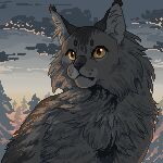  animal animal_focus cat cloud commentary english_commentary geellyart graystripe grey_cat grey_fur no_humans pixel_art sky sunset tagme warrior_cats yellow_eyes 