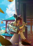  architecture arwaiel blue_sky brown_hair closed_eyes dark_skin east_asian_architecture genshin_impact guitar highres instrument liyue meditation music sky smile twintails xinyan_(genshin_impact) 