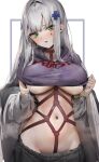  1girl bangs bondage_under_clothes breasts clothes_lift cross_hair_ornament girls&#039;_frontline girls&#039;_frontline_neural_cloud green_eyes grey_hair hair_ornament head_tilt highres hk416_(girls&#039;_frontline) large_breasts lifted_by_self long_hair looking_at_viewer navel open_mouth poharo simple_background solo stomach teardrop_tattoo teeth underboob upper_body upper_teeth 