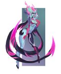  1girl bangs black_skin breasts cleavage closed_mouth colored_skin evelynn_(league_of_legends) green_background green_skin grey_hair highres joy_jang league_of_legends leaning_forward long_hair looking_at_viewer medium_breasts navel pink_hair pink_skin red_lips shiny shiny_skin smile solo white_background yellow_eyes 
