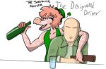  alcohol anon_(snoot_game) anthro bald beverage clothed clothing dinosaur dromaeosaurid duo english_text eyes_closed goodbye_volcano_high hair hi_res holidays human male mammal markings multicolored_body pink_body pink_hair reed_(gvh) reptile scalie seven_(artist) simple_background snoot_game_(fan_game) st._patrick&#039;s_day text theropod two_tone_body velociraptor video_games white_background 
