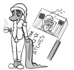  anthro clothed clothing dinosaur erin_(snoot_game) female grey_body half-closed_eyes long_snout matchbox matchstick monochrome mug narrowed_eyes reptile scalie seven_(artist) simple_background sketch sleeping sleeping_cap sleepwear slippers snoot_game_(fan_game) snout solo tired video_games white_background 