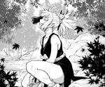  1girl bare_shoulders breasts choker closed_eyes dr._stone dress feet_out_of_frame greyscale kohaku_(dr._stone) leaf long_hair monochrome ponytail protected_link smile solo suji_niku_(sjnk_d) thighs tree water 