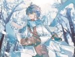  1boy blue_hair brown_cardigan camera cardigan commentary eyewear_strap glasses highres holding holding_camera ike_eveland jacket long_sleeves male_focus nijisanji nijisanji_en open_mouth outdoors quildren_(ike_eveland) scarf short_hair snow snowing solo symbol-only_commentary tree virtual_youtuber white_jacket winter xun_lin yellow_eyes 