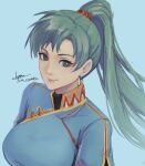  1girl blue_dress breasts cm_lynarc dress earrings fire_emblem fire_emblem:_the_blazing_blade green_eyes green_hair jewelry large_breasts long_hair looking_at_viewer lyn_(fire_emblem) ponytail signature smile 