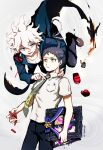  2boys :d ahoge badge bangs black_pants bottle breast_pocket brown_hair bullet chain collared_shirt cowboy_shot danganronpa_(series) danganronpa_2:_goodbye_despair fire green_jacket green_necktie grey_background grey_hair highres hinata_hajime holding_picture iei jacket komaeda_nagito lighter lower_teeth male_focus messy_hair multiple_boys necktie open_clothes open_jacket pants pocket shiny shiny_hair shirt shoes short_hair short_sleeves simple_background smile teeth tetose yellow_eyes 