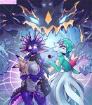  abstract_background anthro bag blackhole clothed clothing dragon fangs fantomartz fantomu_(fantomartz) feathers female feral glowing glowing_eyes group hi_res humanoid lightning_bolt looking_at_viewer looking_forward nintendo pokeball pokemon pokemon_(species) scarf video_games 
