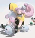  1boy 2girls bangs bare_shoulders black_shorts blue_hair blush bow-shaped_hair breasts character_hair_ornament commentary florian_(pokemon) grey_eyes hair_ornament highres iono_(pokemon) jacket juliana_(pokemon) light_blue_hair long_hair long_sleeves low_twintails magnemite medium_breasts mhk_(mechamania) multicolored_hair multiple_girls one_eye_closed open_mouth pink_hair pokemon pokemon_(game) pokemon_sv sharp_teeth short_hair shorts sleeves_past_fingers sleeves_past_wrists smile solo split-color_hair teeth tricycle twintails yellow_jacket 