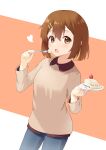  1girl absurdres bangs blue_pants brown_eyes brown_hair brown_shirt cake casual character_name commentary_request cowboy_shot food fork fruit hair_between_eyes hair_ornament hairclip happy_birthday heart highres hirasawa_yui holding holding_fork holding_plate k-on! kisasage long_sleeves looking_to_the_side open_mouth pants plate shadow shirt short_hair solo standing strawberry strawberry_shortcake 