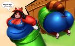  2022 anthro baldur_(shenzel) barefoot belly big_belly big_butt blue_overalls brick_wall butt clenched_teeth clothed clothing dialogue feet female fur gloves grass hair handwear hat headgear headwear hi_res looking_back mammal mario_bros multiple_images narrowed_eyes nintendo obese obese_anthro obese_female overalls overweight overweight_anthro overweight_female paws pipe plant raised_tail red_clothing red_hat red_headwear red_shirt red_topwear shenzel shirt signature solo speech_bubble stuck tanuki_tail teeth text topwear torn_clothing ursid video_games wall_(structure) 