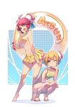  2girls :d ;) acfun acfun_girl ahoge arms_on_knees artist_name bare_arms bare_legs bare_shoulders barefoot bikini blonde_hair blue_background blue_bow blue_eyes bow breasts bun_cover cleavage copyright_name double_bun elbow_on_arm fang fps_xilou full_body hair_between_eyes hair_bow hair_bun halftone halftone_background hand_on_own_chin hand_on_own_thigh head_rest highres holding holding_innertube innertube large_breasts looking_at_another mechanical_arms multiple_girls navel one_eye_closed red_eyes red_hair short_hair sideboob single_mechanical_arm skin_fang small_breasts smile squatting standing swimsuit td_girl tiptoes underboob white_background yellow_bikini 