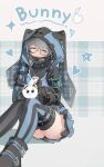  1boy animal_hood blue_thighhighs boots character_name closed_eyes cosplay crossdressing dress effole_(fairy_fencer_f) effole_(fairy_fencer_f)_(cosplay) emoji english_text fairy_fencer_f fingerless_gloves glasses gloves grey_hair heart high_collar highres hood hood_up ike_eveland male_focus miniskirt multicolored_clothes multicolored_dress nijisanji nijisanji_en plaid pleading_face_emoji quildren_(ike_eveland) rabbit_hood short_hair sitting skirt smile solo song_(v3wm9a701fvqjxf) star_(symbol) striped striped_thighhighs thighhighs vertical-striped_thighhighs vertical_stripes virtual_youtuber 