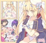  4girls ahoge artoria_caster_(fate) artoria_caster_(second_ascension)_(fate) artoria_pendragon_(fate) bare_legs bare_shoulders beret bikini blonde_hair blue_bow blue_cloak bow breasts brown_hair cloak closed_mouth fate/grand_order fate_(series) fish flower green_eyes hair_bow hat highres large_breasts long_hair mash_kyrielight medium_breasts multiple_girls one-piece_swimsuit open_mouth orange_eyes pink_hair purple_eyes purple_flower purple_one-piece_swimsuit saipaco short_hair small_breasts smile swimsuit teeth thighhighs twintails uvula very_long_hair white_bikini white_headwear 