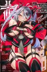 1girl absurdres alternate_costume artist_name ass_visible_through_thighs azur_lane bare_shoulders black_gloves black_thighhighs breastless_clothes breasts breasts_apart character_name cross finger_to_mouth gloves grey_hair headgear highleg highleg_swimsuit highres iron_blood_(emblem) iron_cross jacket large_breasts long_hair long_sleeves multicolored_hair nekodayo22 prinz_eugen_(azur_lane) red_hair red_jacket skindentation solo streaked_hair swimsuit thigh_strap thighhighs two-tone_hair 