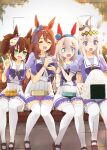  4girls \||/ animal_ears bench blue_eyes blue_ribbon breasts brown_hair chopsticks food fox_mask green_eyes grey_hair highres hituzininareta horse_ears horse_girl inari_one_(umamusume) large_breasts lunchbox mask multiple_girls oguri_cap_(umamusume) onigiri park_bench red_hair ribbon school_uniform super_creek_(umamusume) surprised tamamo_cross_(umamusume) tracen_school_uniform umamusume viewfinder 