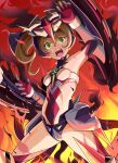  1girl bare_shoulders bodysuit brown_hair fire green_eyes headgear headphones itaba_yumi koizumi_akira_(artist) mecha_musume red_pupils senki_zesshou_symphogear senki_zesshou_symphogear_xd_unlimited teeth twintails upper_teeth 