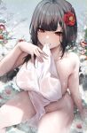  1girl armpit_crease bangs between_legs black_hair blurry blurry_background breasts clenched_teeth collarbone curvy danimaru flower groin hair_flower hair_ornament hand_up large_breasts looking_at_viewer melonbooks mouth_hold naked_towel nude onsen original outdoors pelvic_curtain petals plant red_eyes red_flower see-through short_hair sitting snow soaking_feet solo teeth thighs towel water wet white_towel winter 