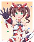  1girl bodysuit breasts brown_hair elbow_gloves gloves green_eyes headgear headphones highres itaba_yumi long_hair navel open_mouth senki_zesshou_symphogear senki_zesshou_symphogear_xd_unlimited small_breasts teeth twintails upper_teeth yosuzu 