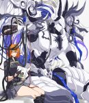  1girl absurdres armor book cable closed_eyes command_spell fate/grand_order fate_(series) fujimaru_ritsuka_(female) fujimaru_ritsuka_(female)_(polar_chaldea_uniform) full_armor highres jojo05_rabbit09 minamoto_no_tametomo_(fate) orange_hair simple_background size_difference smile white_background 