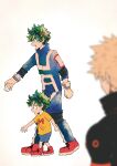  3boys absurdres aged_down bakugou_katsuki blonde_hair blue_pants blue_shorts blue_track_suit blurry blurry_foreground boku_no_hero_academia clenched_hand cross-laced_footwear crying freckles from_behind from_side gloves green_eyes green_hair high_collar highres kkkkkn31 looking_at_another looking_to_the_side male_child male_focus midoriya_izuku multiple_boys open_hand open_mouth outstretched_arm outstretched_hand pants profile red_footwear shirt short_sleeves shorts simple_background spiked_hair tears track_suit u.a._gym_uniform walking white_background white_gloves yellow_shirt 