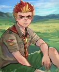  1boy akatora_taiga bakemonookome blonde_hair blush boy_scout brooch camp_buddy closed_mouth field jewelry looking_at_viewer male_focus multicolored_hair neckerchief on_floor orange_eyes red_hair scar scar_on_face scar_on_nose scout_uniform short_hair sitting star_brooch two-tone_hair 