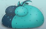  anthro belly big_belly big_breasts biped blue_body blue_hair breasts canid female foxball fur hair huge_breasts hyper hyper_belly hyper_breasts inflation looking_pleasured lying mammal nude simple_background solo 
