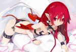  1girl alternate_hairstyle bed_sheet demon_girl demon_tail demon_wings disgaea earrings etna_(disgaea) flat_chest highres jewelry long_hair makai_senki_disgaea miyakawa106 pillow pointy_ears red_eyes red_hair skull_earrings slit_pupils solo tail wings 