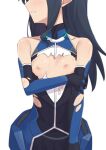  1girl alice_gear_aegis blue_hair blush bodysuit breasts gloves head_out_of_frame highres holding_own_arm koashi_mutsumi long_hair morisobo nipples simple_background small_breasts solo torn_bodysuit torn_clothes white_background 