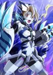  andou_kuriyo blue_bodysuit blue_skin bodysuit breasts brown_eyes brown_hair claws colored_skin hair_between_eyes headgear headphones koizumi_akira_(artist) mecha_musume senki_zesshou_symphogear senki_zesshou_symphogear_xd_unlimited small_breasts teeth upper_teeth 