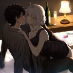  1boy 1girl ahoge alcohol ass bare_shoulders black_dress black_hair black_pants blue_eyes blush breasts cleavage commentary_request condom condom_wrapper dress fate/grand_order fate_(series) fujimaru_ritsuka_(male) grey_shirt hetero highres imminent_kiss indoors jeanne_d&#039;arc_alter_(fate) jeanne_d&#039;arc_alter_(ver._shinjuku_1999)_(fate) jewelry large_breasts long_sleeves lotion lotion_bottle necklace omizu_(omz) on_bed pants shirt short_hair sitting sleeveless sleeveless_dress twitter_username white_shirt yellow_eyes 