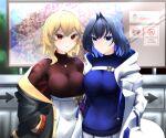  2girls absurdres blonde_hair blue_eyes blue_hair breast_press breasts firen_inferno highres hololive hololive_english hololive_indonesia jacket jewelry kaela_kovalskia looking_at_viewer multiple_girls necklace open_clothes open_jacket ouro_kronii red_eyes sign standing sweater 