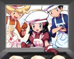  1girl 2boys :d alcremie apron barry_(pokemon) black_eyes black_hair blonde_hair blue_jacket blurry blurry_foreground brown_eyes closed_mouth commentary_request crossed_arms dawn_(palentine&#039;s_2021)_(pokemon) dawn_(pokemon) hat highres jacket long_hair lucas_(pokemon) mittens multiple_boys official_alternate_costume open_mouth orange_jacket pokemon pokemon_(game) pokemon_dppt pokemon_masters_ex red_jacket sawarabi_(sawarabi725) shiny shiny_hair short_sleeves smile twitter_username white_headwear 