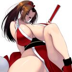  1girl absurdres bangs bare_shoulders breasts brown_eyes brown_hair collarbone commentary curvy fatal_fury gigantic_breasts hand_fan head_tilt high_ponytail highres japanese_clothes knee_up leaning_back long_hair looking_at_viewer masao ninja no_bra parted_bangs plump ponytail revealing_clothes shiranui_mai simple_background solo the_king_of_fighters thick_thighs thighs white_background 