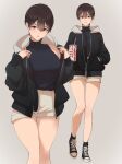  1girl absurdres bangs breasts commentary cup full_body highres holding holding_cup jacket looking_at_viewer medium_breasts mole mole_under_eye open_clothes open_jacket original parted_lips pen_guin15 purple_eyes shoes short_hair short_shorts shorts smile sneakers solo 