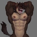  2022 abs abstract_background anthro areola artist_name athletic athletic_anthro athletic_male biceps big_areola blue_eyes bodily_fluids brown_body brown_fur brown_hair digital_drawing_(artwork) digital_media_(artwork) drooling fluffy fluffy_tail fur grey_background hair hair_over_eyes hands_behind_head hi_res hyaenid kato200_0 looking_at_viewer male mammal multicolored_body multicolored_fur muscular muscular_anthro muscular_male nipples nude open_mouth pecs saliva sharp_teeth simple_background solo spotted_hyena tan_body tan_fur teeth tongue two_tone_body two_tone_fur watermark 