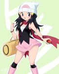  1girl bare_arms black_eyes black_hair black_shirt black_socks blush boots bracelet breasts dawn_(pokemon) floating_hair hat highres holding holding_poke_ball jewelry knee_boots long_hair looking_at_viewer miniskirt open_mouth pink_footwear pink_skirt poke_ball poke_ball_print pokemon pokemon_(game) pokemon_dppt print_headwear red_scarf sawarabi_(sawarabi725) scarf shiny shiny_hair shirt skirt sleeveless sleeveless_shirt small_breasts socks solo standing white_headwear 