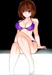  1girl bangs bare_arms bare_legs barefoot bikini black_background blue_eyes breasts brown_hair cleavage closed_mouth engo_(aquawatery) hair_between_eyes hair_ornament hairclip halterneck large_breasts lyrical_nanoha mahou_shoujo_lyrical_nanoha_strikers medium_hair purple_bikini sitting sketch smile solo swimsuit underboob x_hair_ornament yagami_hayate 