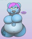  anthro belly big_belly big_breasts biped blue_body breasts canid canine canis dominant female foxball fur hair half-closed_eyes hi_res holding_breast looking_at_viewer mammal narrowed_eyes navel nude presenting purple_hair simple_background smile smug solo speech_bubble standing text wolf 