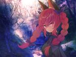  1girl animal_ears bare_tree black_bow bow braid cat_ears closed_mouth fang hair_bow highres kaenbyou_rin kiritanpo117 long_hair looking_at_viewer outdoors red_eyes red_hair side_braid smile solo touhou tree twin_braids twintails upper_body 