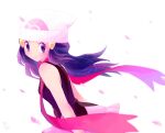  1girl bare_arms black_shirt cherry_blossoms closed_mouth dawn_(pokemon) floating_hair hair_ornament hairclip hat highres leaning_forward long_hair miniskirt petals pink_skirt poke_ball_print pokemon pokemon_(game) pokemon_dppt print_headwear purple_eyes purple_hair red_scarf sawarabi_(sawarabi725) scarf shiny shiny_hair shirt skirt sleeveless sleeveless_shirt smile solo standing white_background white_headwear 